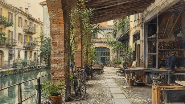Original documentary watercolour of Courtyards and workshops: productive fabric behind the bank in Milan · Lombardy, showing accurate architecture, landscape, people and present-day use