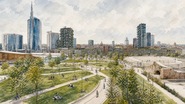Original documentary watercolour of BAM: a new public park over transformed urban ground in Milan · Lombardy, showing accurate architecture, landscape, people and present-day use