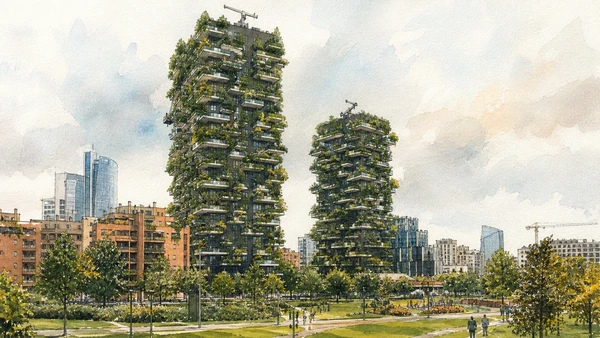 Original documentary watercolour of Bosco Verticale: planted housing and maintenance system in Milan · Lombardy, showing accurate architecture, landscape, people and present-day use