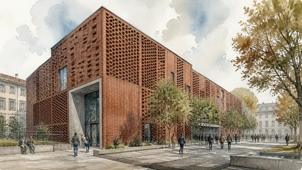 Original documentary watercolour of Casa della Memoria: archives of resistance, deportation and civic organisations in Milan · Lombardy, showing accurate architecture, landscape, people and present-day use