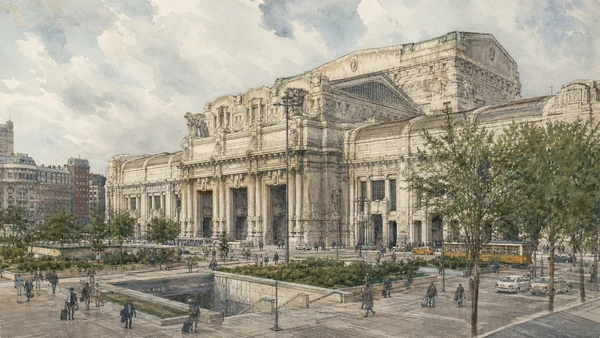 Original documentary watercolour of Milano Centrale: monumental station and controlled machine in Milan · Lombardy, showing accurate architecture, landscape, people and present-day use