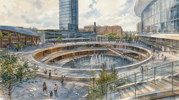 Original documentary watercolour of Piazza Gae Aulenti: elevated public room within private-led redevelopment in Milan · Lombardy, showing accurate architecture, landscape, people and present-day use