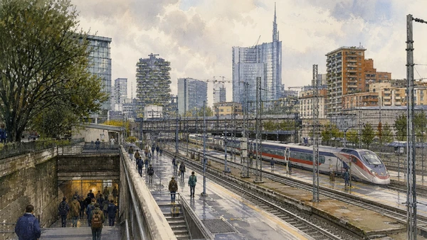Original documentary watercolour of Porta Garibaldi station: rail interchange and urban barrier in Milan · Lombardy, showing accurate architecture, landscape, people and present-day use