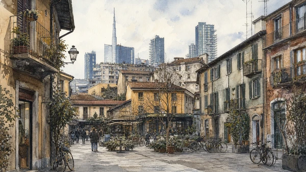 Original documentary watercolour of Isola: neighbourhood fabric below the skyline in Milan · Lombardy, showing accurate architecture, landscape, people and present-day use