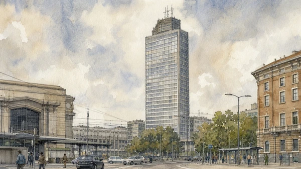 Original documentary watercolour of Pirelli Tower: post-war corporate modernism in Milan · Lombardy, showing accurate architecture, landscape, people and present-day use