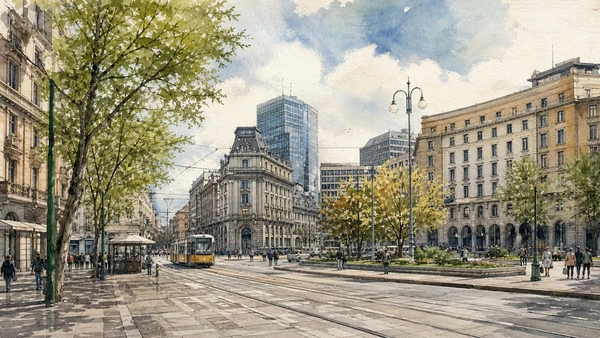 Original documentary watercolour of Piazza della Repubblica: hotels, offices and metropolitan boulevard in Milan · Lombardy, showing accurate architecture, landscape, people and present-day use
