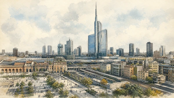 Original documentary watercolour of Unicredit Tower and skyline: corporate identity at metropolitan scale in Milan · Lombardy, showing accurate architecture, landscape, people and present-day use