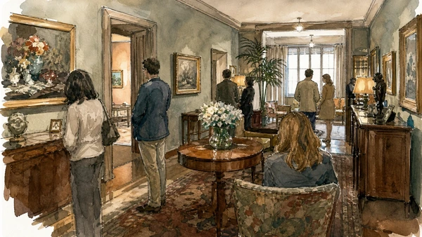 Original documentary watercolour of Casa Museo Boschi Di Stefano: collection inside a lived apartment in Milan · Lombardy, showing accurate architecture, landscape, people and present-day use