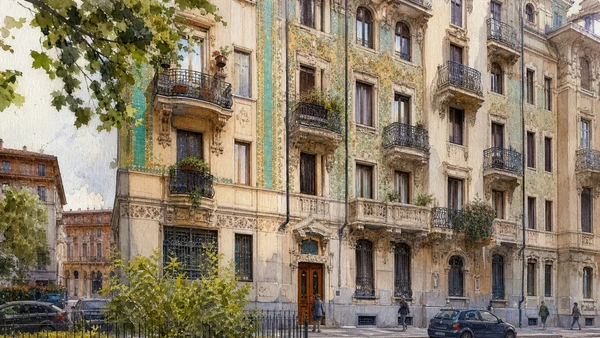 Original documentary watercolour of Casa Galimberti: ceramic colour and urban domestic display in Milan · Lombardy, showing accurate architecture, landscape, people and present-day use