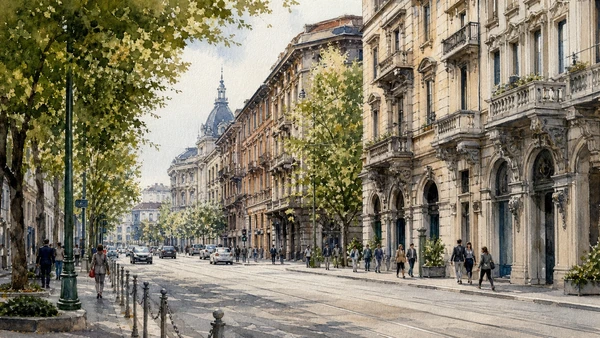 Original documentary watercolour of Corso Venezia: the eastern ceremonial approach in Milan · Lombardy, showing accurate architecture, landscape, people and present-day use