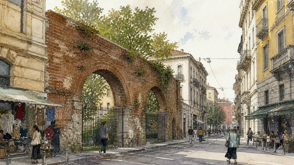 Original documentary watercolour of The Lazzaretto fragment and the living neighbourhood in Milan · Lombardy, showing accurate architecture, landscape, people and present-day use