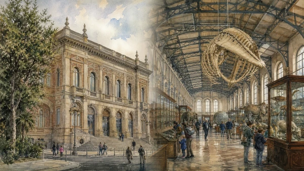 Original documentary watercolour of Natural History Museum: collections, research and public science in Milan · Lombardy, showing accurate architecture, landscape, people and present-day use