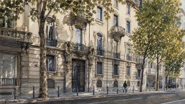 Original documentary watercolour of Palazzo Castiglioni: Liberty provocation on Corso Venezia in Milan · Lombardy, showing accurate architecture, landscape, people and present-day use