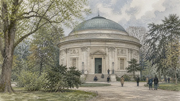 Original documentary watercolour of Planetarium: public astronomy within the garden system in Milan · Lombardy, showing accurate architecture, landscape, people and present-day use