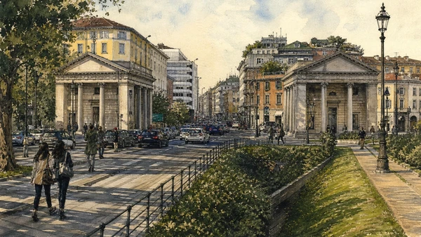 Original documentary watercolour of Porta Venezia: customs pavilions and the vanished walls in Milan · Lombardy, showing accurate architecture, landscape, people and present-day use