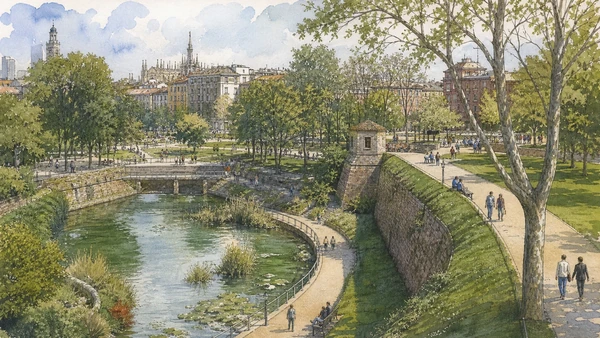 Original documentary watercolour of Indro Montanelli Public Gardens: civic nature on the bastions in Milan · Lombardy, showing accurate architecture, landscape, people and present-day use