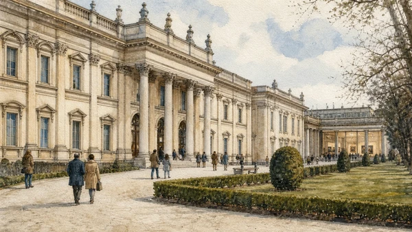 Original documentary watercolour of Villa Reale and GAM: private villa remade as public museum in Milan · Lombardy, showing accurate architecture, landscape, people and present-day use