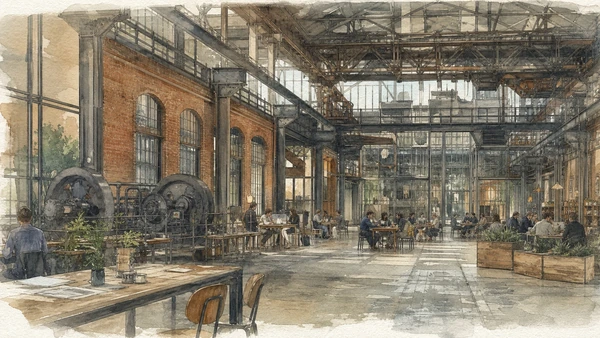 Original documentary watercolour of Former Ansaldo works: industrial structure before cultural branding in Milan · Lombardy, showing accurate architecture, landscape, people and present-day use