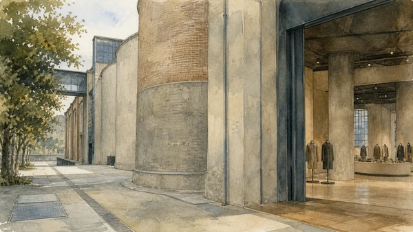 Original documentary watercolour of Armani/Silos: fashion archive in a converted granary in Milan · Lombardy, showing accurate architecture, landscape, people and present-day use