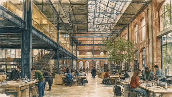 Original documentary watercolour of BASE Milano: cultural production inside the factory in Milan · Lombardy, showing accurate architecture, landscape, people and present-day use