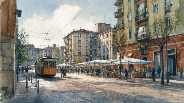 Original documentary watercolour of Lorenteggio and Giambellino: the working city beyond the showroom in Milan · Lombardy, showing accurate architecture, landscape, people and present-day use