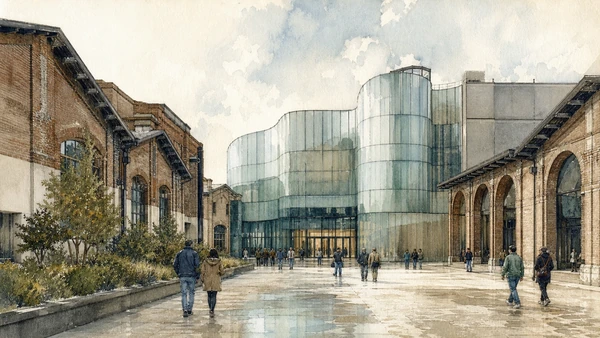Original documentary watercolour of MUDEC architecture: a new museum within retained sheds in Milan · Lombardy, showing accurate architecture, landscape, people and present-day use