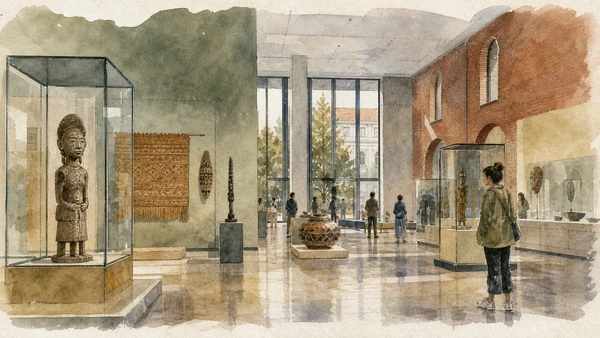 Original documentary watercolour of MUDEC collections: Milan and cultures beyond Europe in Milan · Lombardy, showing accurate architecture, landscape, people and present-day use