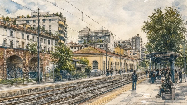 Original documentary watercolour of Porta Genova station: rail infrastructure at the district edge in Milan · Lombardy, showing accurate architecture, landscape, people and present-day use
