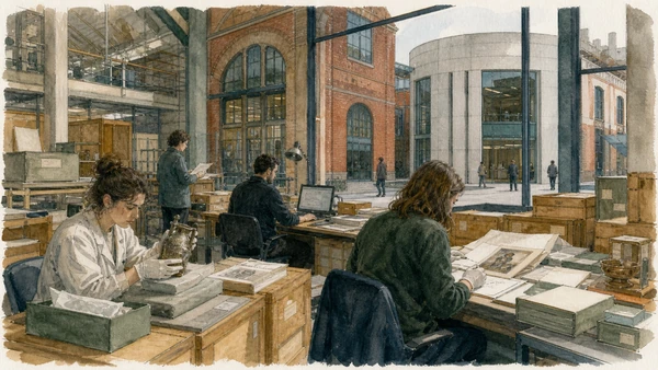 Original documentary watercolour of Provenance research: how objects reached Milan in Milan · Lombardy, showing accurate architecture, landscape, people and present-day use