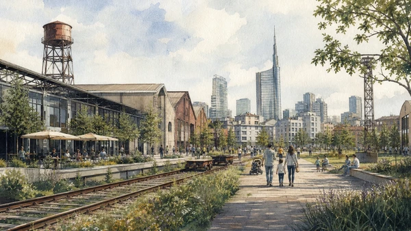 Original documentary watercolour of Solari and the former railway-industrial belt in Milan · Lombardy, showing accurate architecture, landscape, people and present-day use