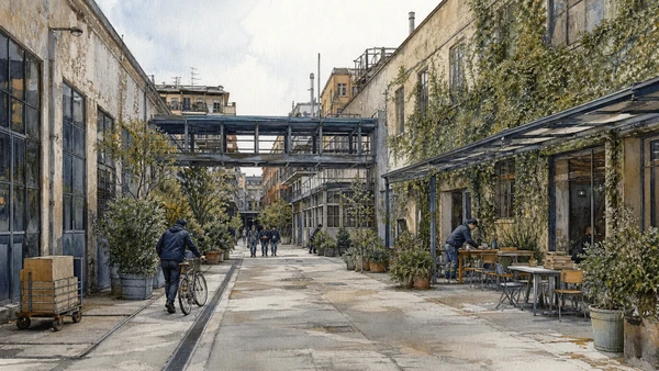 Original documentary watercolour of Via Tortona: design district and event economy in Milan · Lombardy, showing accurate architecture, landscape, people and present-day use