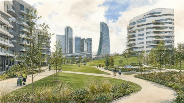 Original documentary watercolour of CityLife park and housing: public routes through managed development in Milan · Lombardy, showing accurate architecture, landscape, people and present-day use