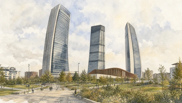 Original documentary watercolour of CityLife towers: three corporate landmarks, three structural languages in Milan · Lombardy, showing accurate architecture, landscape, people and present-day use