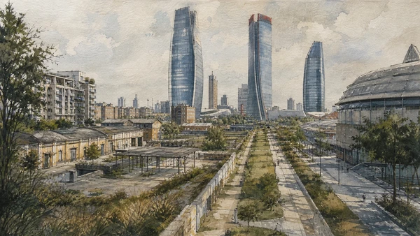 Original documentary watercolour of The former Fiera: exhibition city beneath CityLife in Milan · Lombardy, showing accurate architecture, landscape, people and present-day use