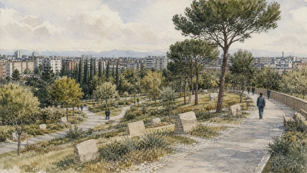 Original documentary watercolour of Garden of the Righteous: names, trees and civic remembrance in Milan · Lombardy, showing accurate architecture, landscape, people and present-day use