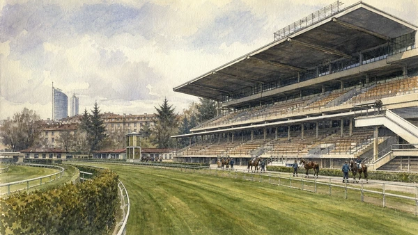 Original documentary watercolour of San Siro racecourse: sport, landscape and stables in Milan · Lombardy, showing accurate architecture, landscape, people and present-day use