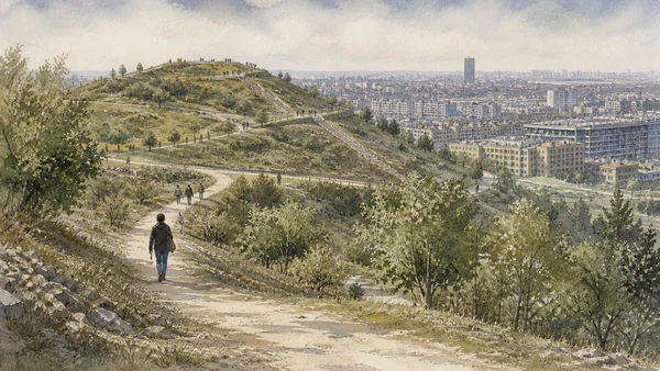 Original documentary watercolour of Monte Stella: reconstruction debris shaped into urban landscape in Milan · Lombardy, showing accurate architecture, landscape, people and present-day use