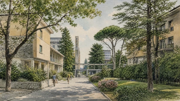 Original documentary watercolour of QT8: post-war experimental district in Milan · Lombardy, showing accurate architecture, landscape, people and present-day use