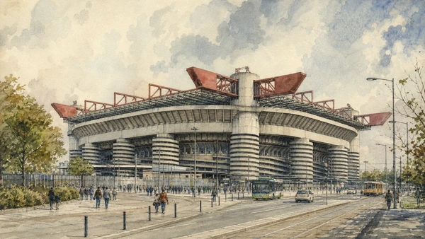 Original documentary watercolour of San Siro stadium: football monument and working event infrastructure in Milan · Lombardy, showing accurate architecture, landscape, people and present-day use