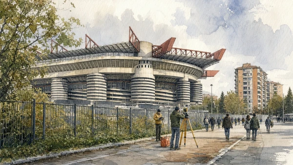 Original documentary watercolour of The stadium debate: heritage, ownership and an unresolved future in Milan · Lombardy, showing accurate architecture, landscape, people and present-day use