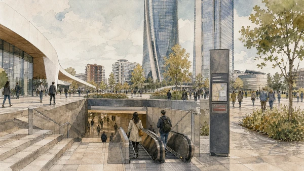 Original documentary watercolour of Tre Torri metro: transport built into the new centre in Milan · Lombardy, showing accurate architecture, landscape, people and present-day use