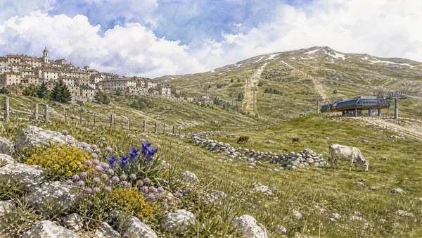 Agnone and Alto Molise: Complete Guide 8 Original documentary watercolour of Capracotta and the Apennine garden: plants at high altitude in Agnone and Alto Molise · Molise, showing accurate architecture, landscape and present-day use