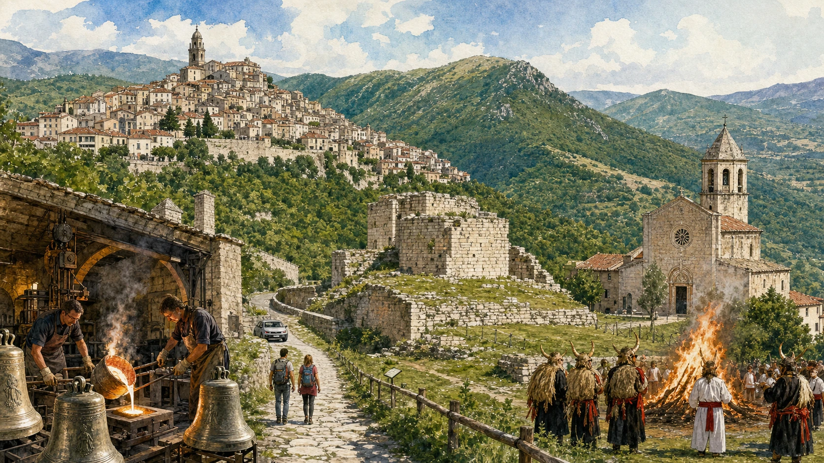 Agnone and Alto Molise: Complete Guide 1 Original documentary watercolour panorama for Agnone and Alto Molise: Complete Guide, with accurate Molisian architecture, landscape and lived context
