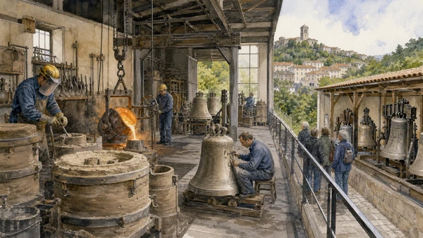 Agnone and Alto Molise: Complete Guide 2 Original documentary watercolour of Marinelli bell foundry: a living production process in Agnone and Alto Molise · Molise, showing accurate architecture, landscape and present-day use