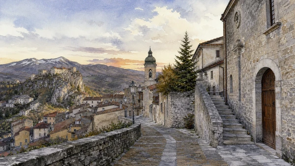 Agnone and Alto Molise: Complete Guide 6 Original documentary watercolour of The ’Ndocciata: ritual fire in a functioning town in Agnone and Alto Molise · Molise, showing accurate architecture, landscape and present-day use