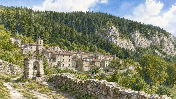 Agnone and Alto Molise: Complete Guide 10 Original documentary watercolour of Pescopennataro: stone village below a fir forest in Agnone and Alto Molise · Molise, showing accurate architecture, landscape and present-day use