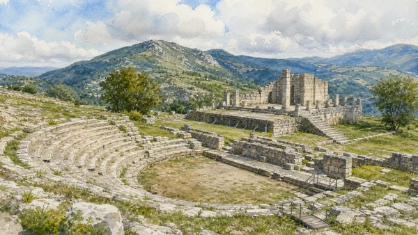 Agnone and Alto Molise: Complete Guide 7 Original documentary watercolour of Pietrabbondante: theatre and temple of public Samnite power in Agnone and Alto Molise · Molise, showing accurate architecture, landscape and present-day use