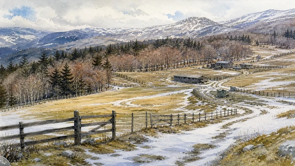 Agnone and Alto Molise: Complete Guide 9 Original documentary watercolour of Prato Gentile: pasture, forest edge and winter use in Agnone and Alto Molise · Molise, showing accurate architecture, landscape and present-day use