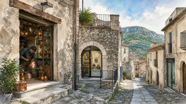 Agnone and Alto Molise: Complete Guide 5 Original documentary watercolour of The copper quarter: workshops beyond nostalgia in Agnone and Alto Molise · Molise, showing accurate architecture, landscape and present-day use