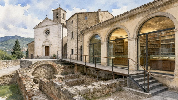 Agnone and Alto Molise: Complete Guide 3 Original documentary watercolour of San Francesco and the historic library: worship beside print culture in Agnone and Alto Molise · Molise, showing accurate architecture, landscape and present-day use